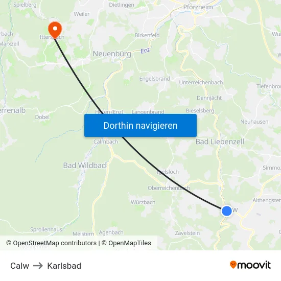Calw to Karlsbad map