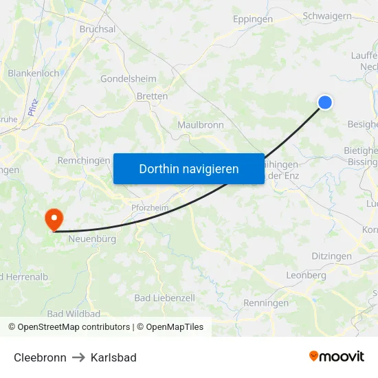 Cleebronn to Karlsbad map