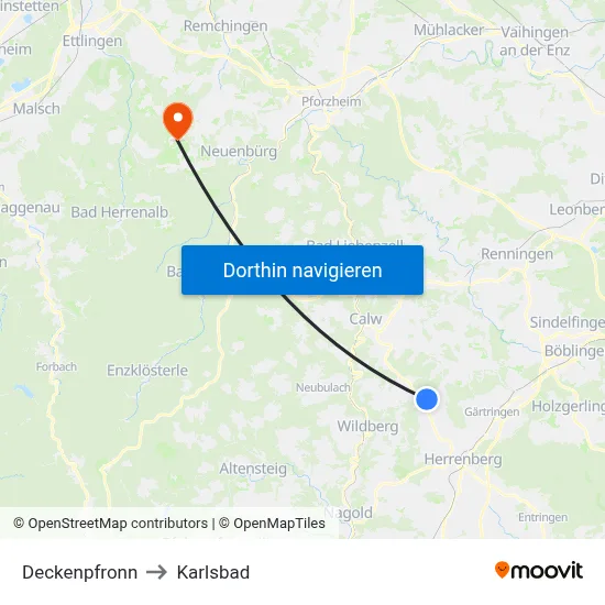 Deckenpfronn to Karlsbad map