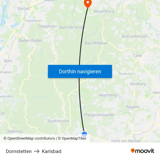 Dornstetten to Karlsbad map