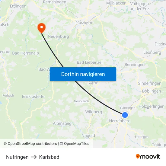 Nufringen to Karlsbad map