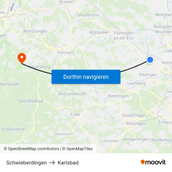Schwieberdingen to Karlsbad map