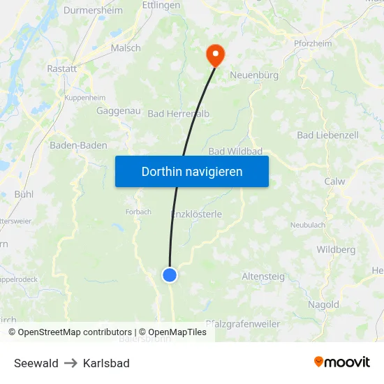 Seewald to Karlsbad map