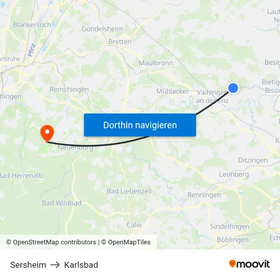 Sersheim to Karlsbad map