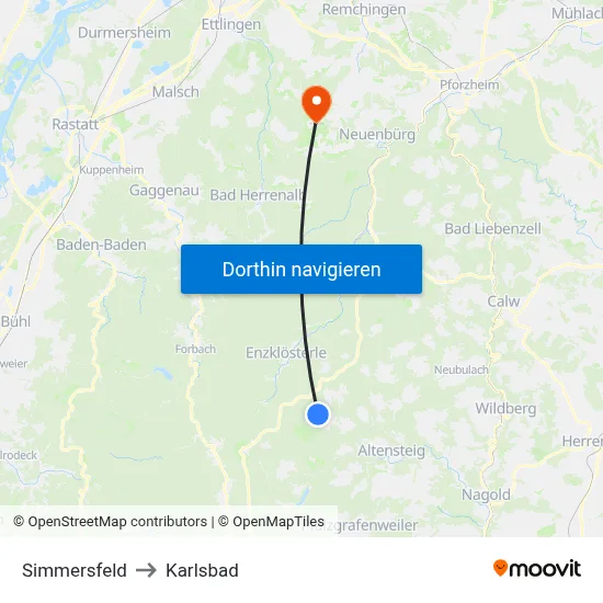 Simmersfeld to Karlsbad map