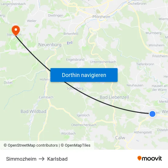 Simmozheim to Karlsbad map