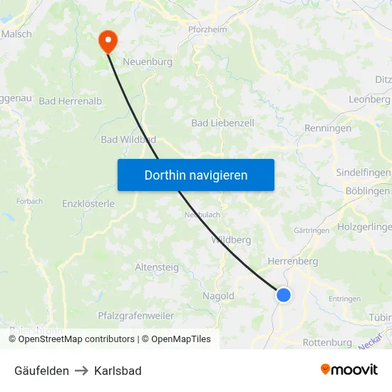 Gäufelden to Karlsbad map
