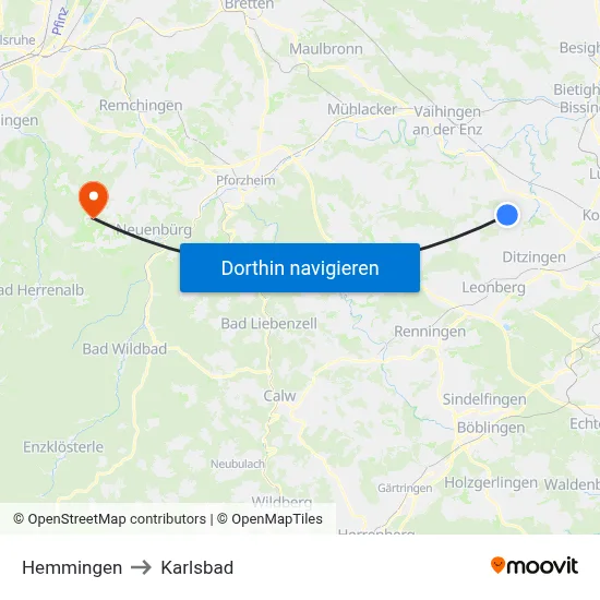 Hemmingen to Karlsbad map
