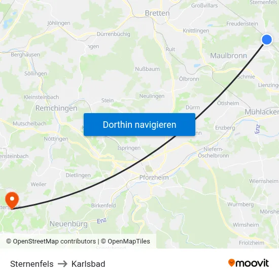 Sternenfels to Karlsbad map