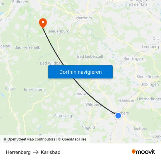 Herrenberg to Karlsbad map