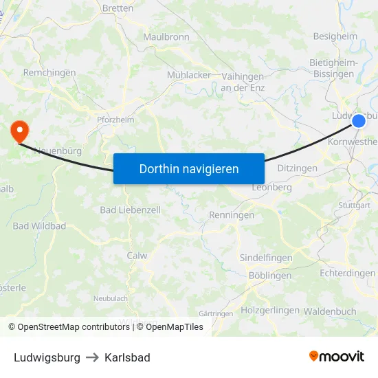Ludwigsburg to Karlsbad map