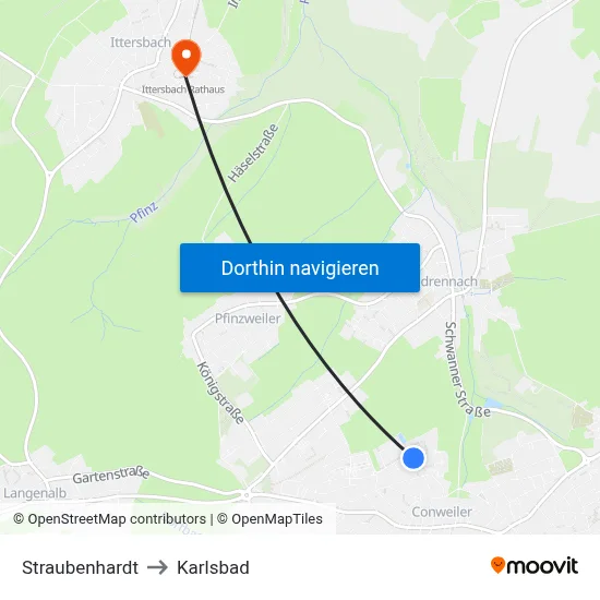 Straubenhardt to Karlsbad map
