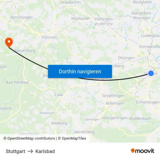 Stuttgart to Karlsbad map