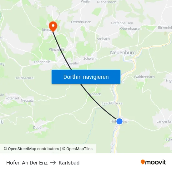 Höfen An Der Enz to Karlsbad map