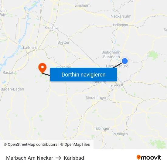 Marbach Am Neckar to Karlsbad map