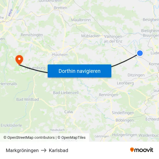 Markgröningen to Karlsbad map