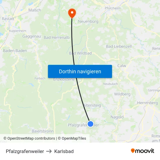 Pfalzgrafenweiler to Karlsbad map