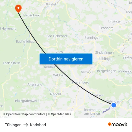 Tübingen to Karlsbad map