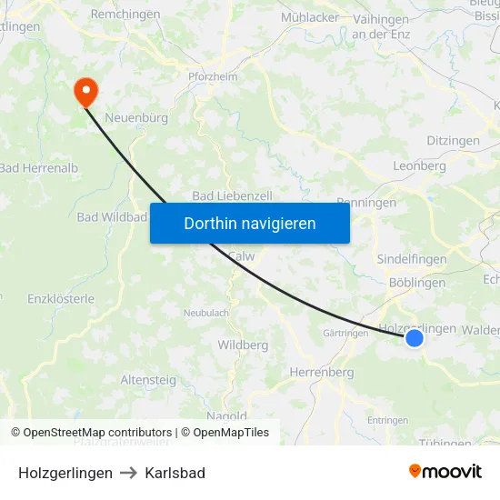 Holzgerlingen to Karlsbad map