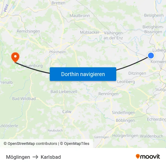 Möglingen to Karlsbad map