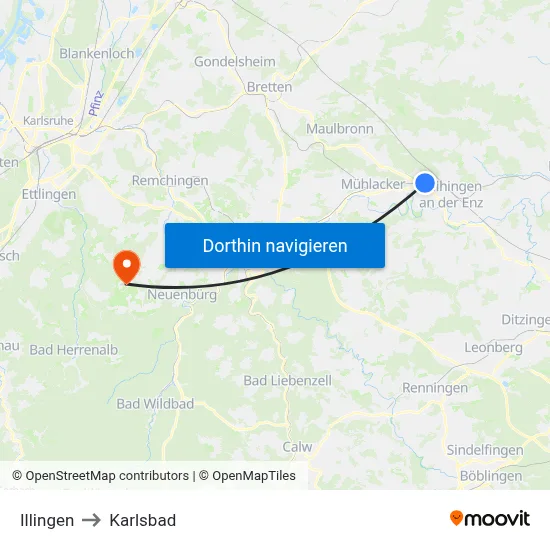 Illingen to Karlsbad map