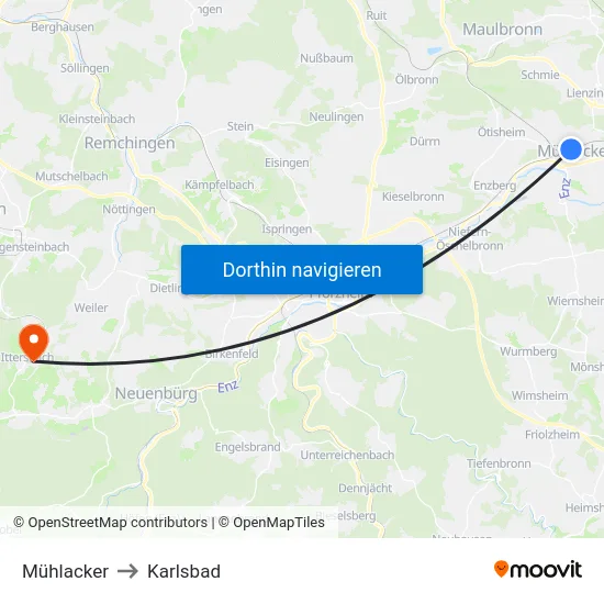 Mühlacker to Karlsbad map