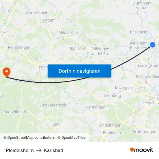 Pleidelsheim to Karlsbad map