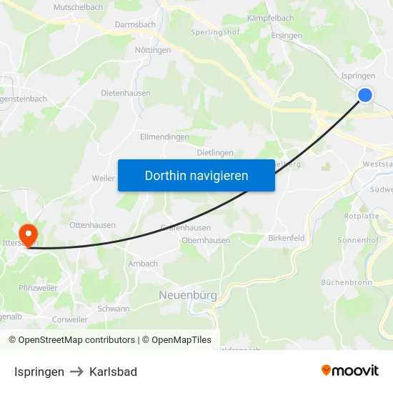 Ispringen to Karlsbad map