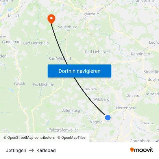 Jettingen to Karlsbad map