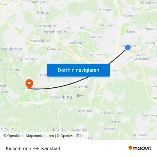 Kieselbronn to Karlsbad map