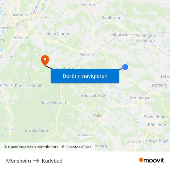 Mönsheim to Karlsbad map
