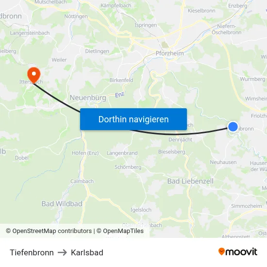 Tiefenbronn to Karlsbad map