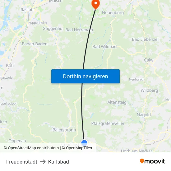Freudenstadt to Karlsbad map