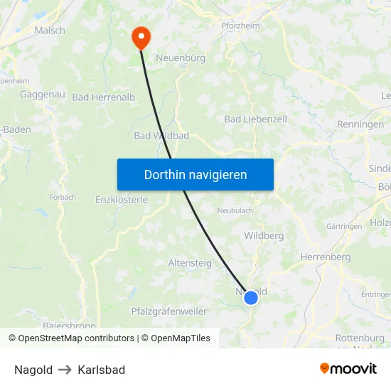 Nagold to Karlsbad map