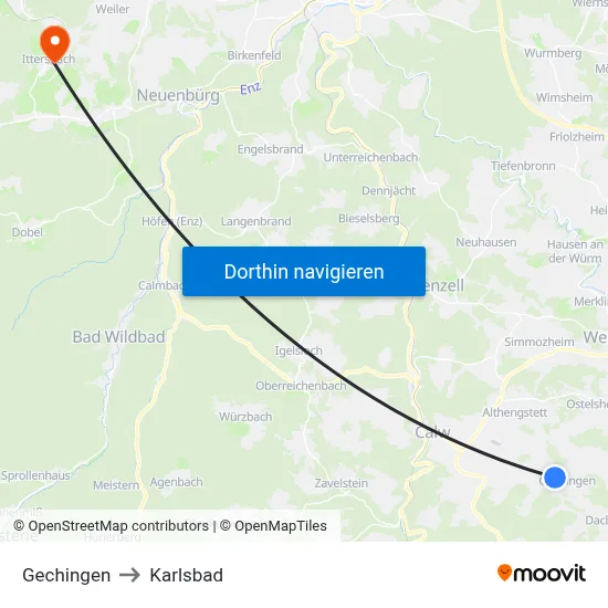 Gechingen to Karlsbad map