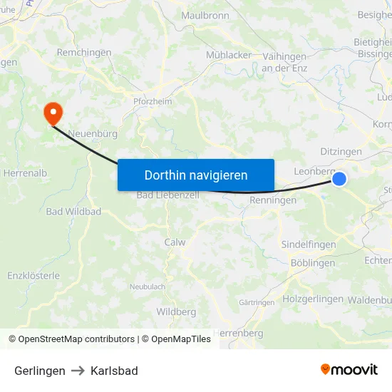 Gerlingen to Karlsbad map