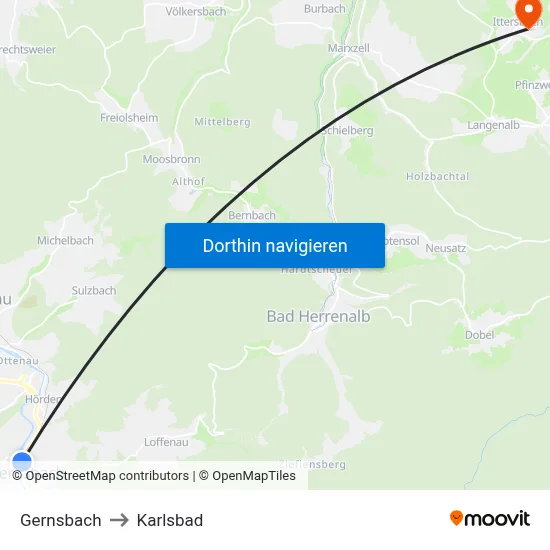 Gernsbach to Karlsbad map