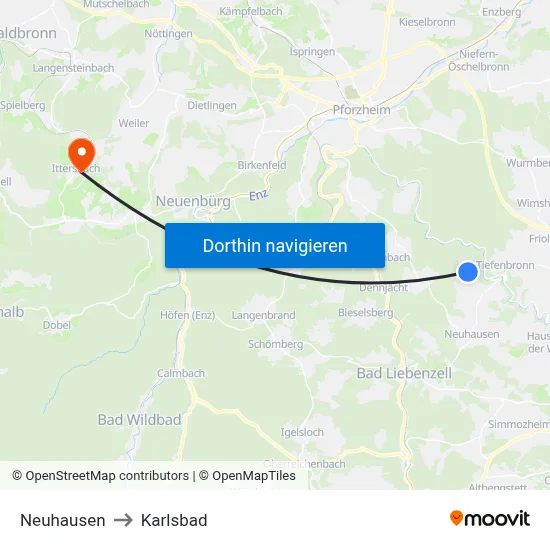 Neuhausen to Karlsbad map