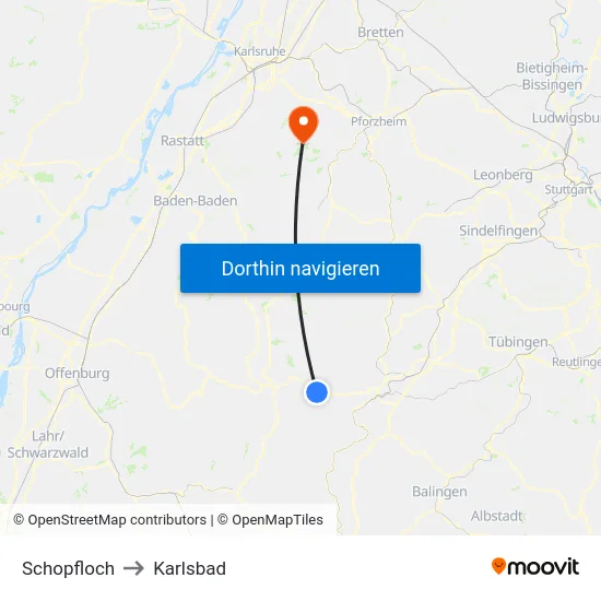 Schopfloch to Karlsbad map