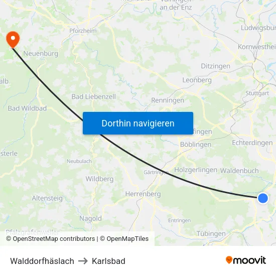 Walddorfhäslach to Karlsbad map