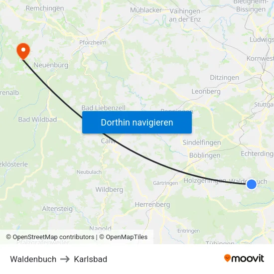 Waldenbuch to Karlsbad map