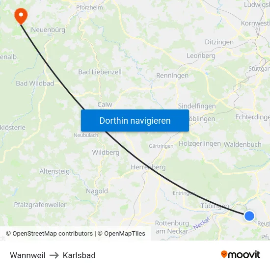 Wannweil to Karlsbad map