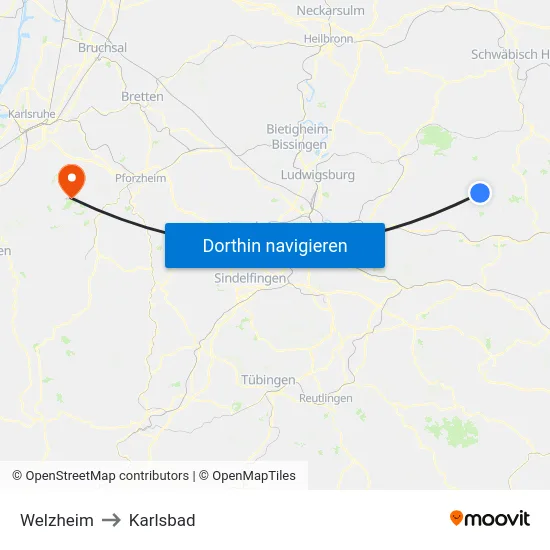 Welzheim to Karlsbad map