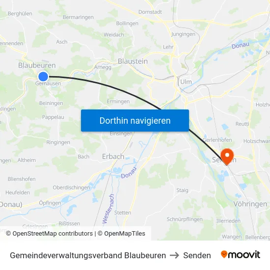 Gemeindeverwaltungsverband Blaubeuren to Senden map