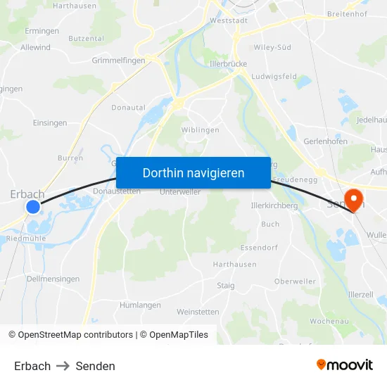 Erbach to Senden map