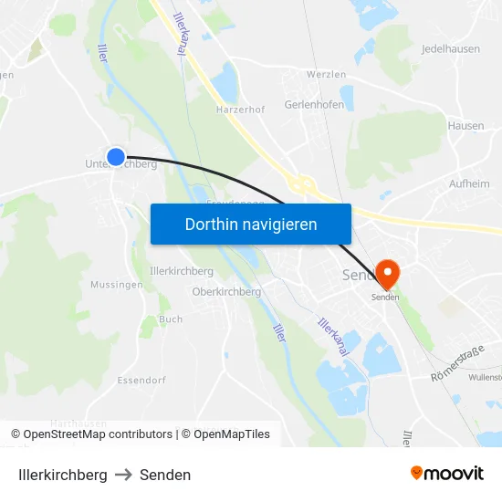 Illerkirchberg to Senden map