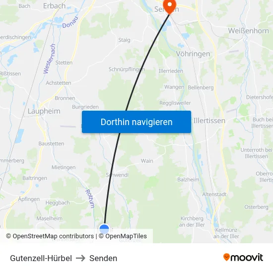 Gutenzell-Hürbel to Senden map