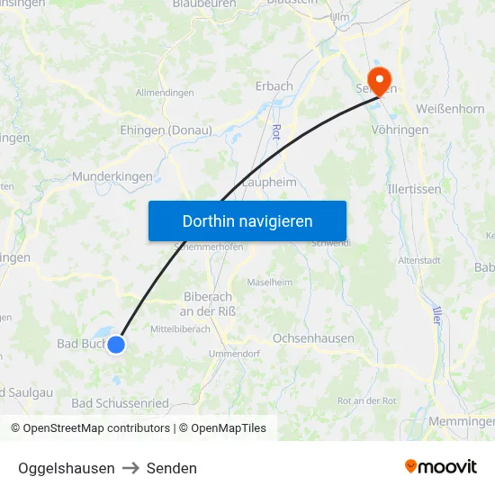 Oggelshausen to Senden map
