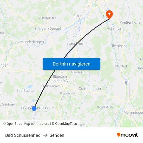 Bad Schussenried to Senden map