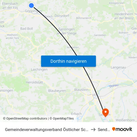 Gemeindeverwaltungsverband Östlicher Schurwald to Senden map